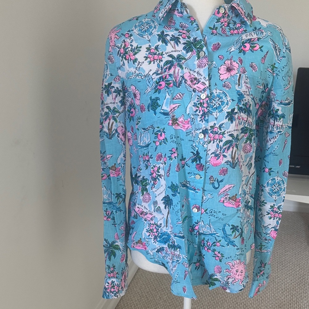 Lilly Pulitzer Blue and Pink Floral Button Down Shirt